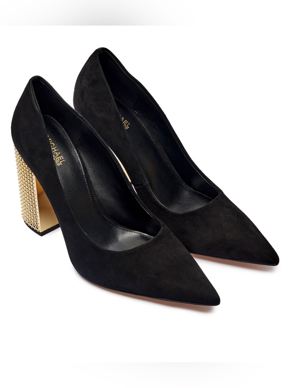 Michael Kors Black Suede Pointed Toe Pumps with Gold Studded Block Heel